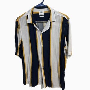 Zara Casual Date Shirt Button Down Yellow Blue White Size M Relaxed Fit Striped